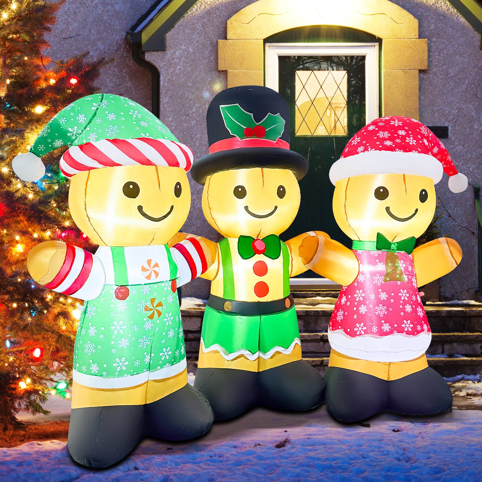 Back. GOOSH Inflatables - GOOSH 8FT Gingerbread Family Inflatable with LED Lights for Outdoor Christmas Décor - Brown.