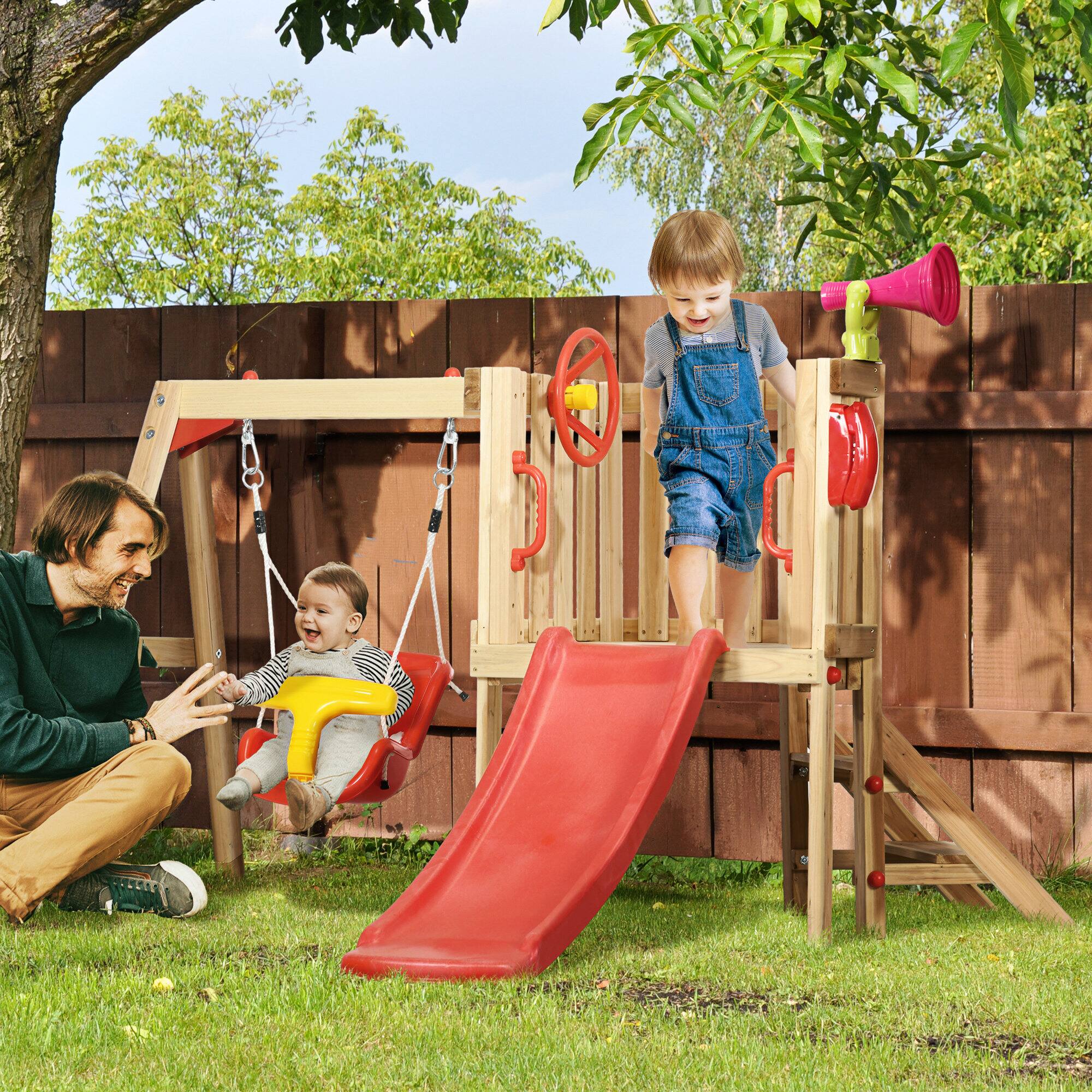 Angle. Outsunny - 4 in 1 Wooden Swing Set, Outdoor Playset, Baby Swing Seat, Toddler Slide, Captain's Wheel, Horn, Backyard.