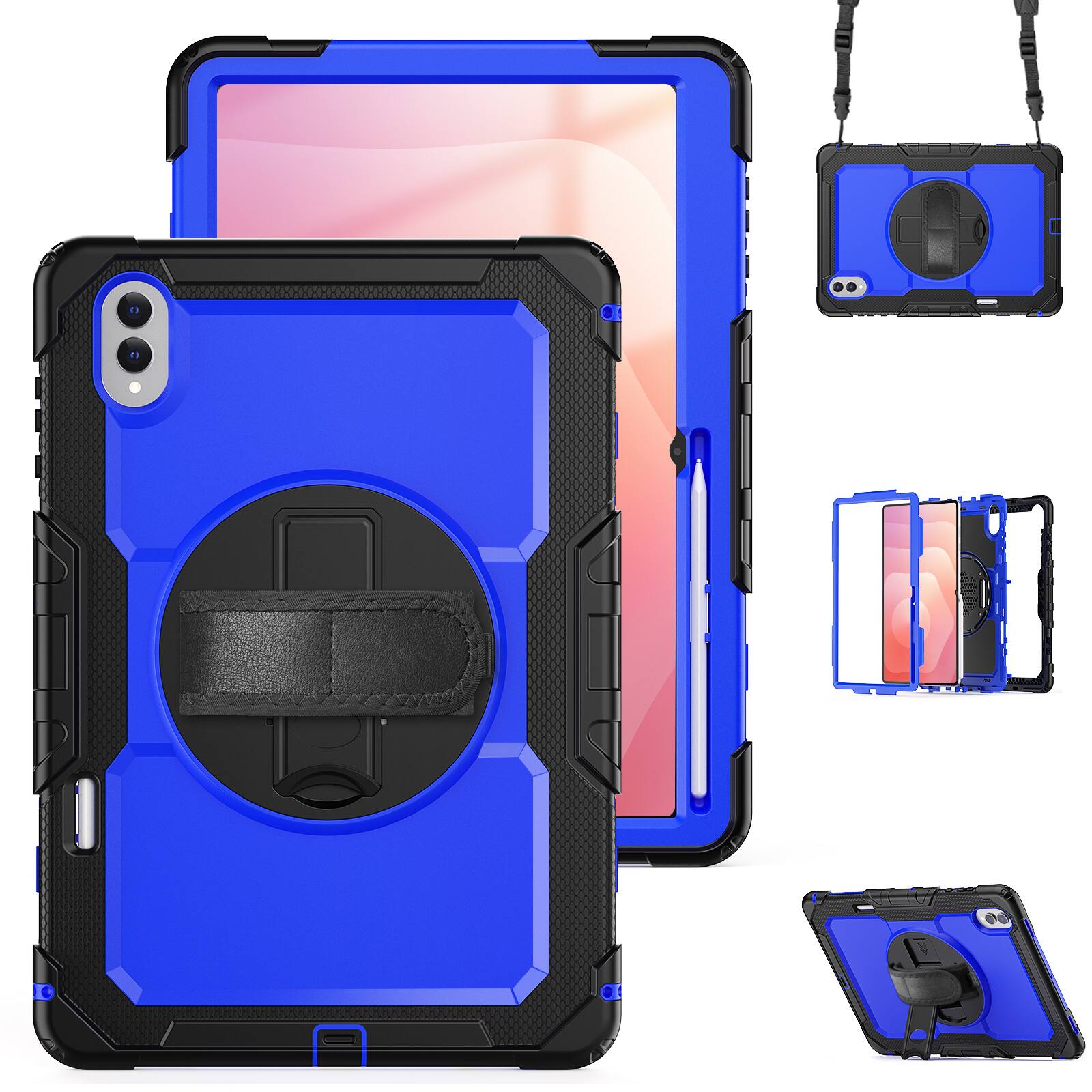 Angle. Dteck - For Samsung Galaxy Tab S11 Ultra 2025 14.6'' Shockproof Three-Layer Stand Shoulder Strap Case Built-in Screen Protector - Blue+Black.