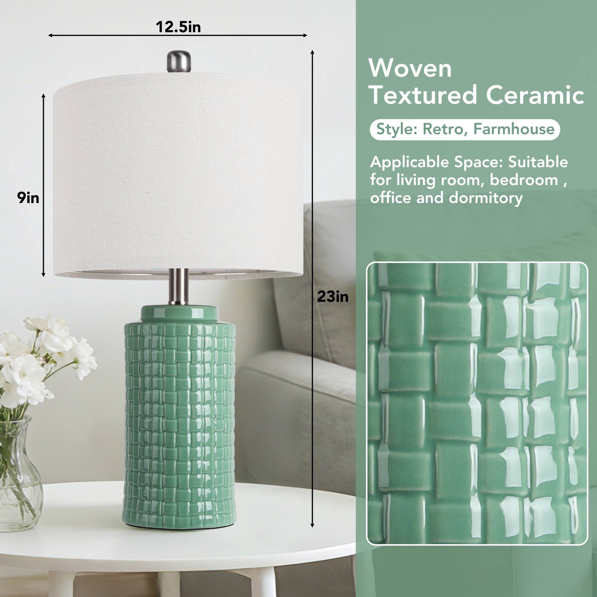 12.5in E  
Woven Textured Ceramic  
Style: Retro, Farmhouse  
9in  
Applicable Space: Suitable for living room, bedroom, office and dormitory  
23in