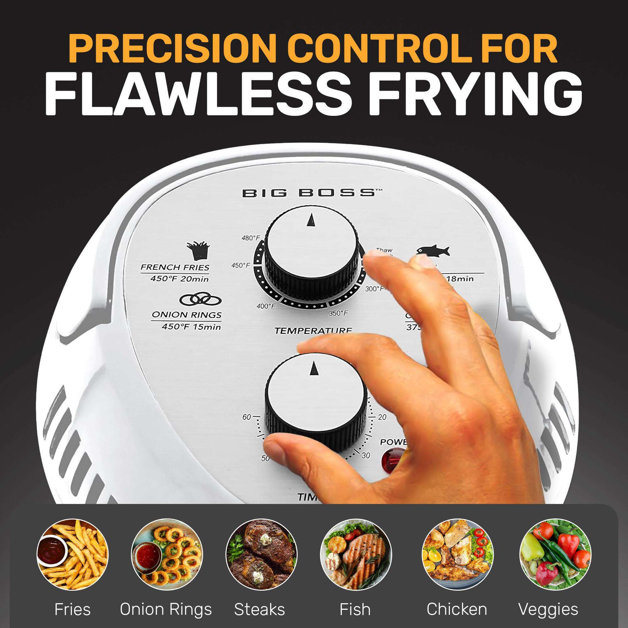 PRECISION CONTROL FOR FLAWLESS FRYING

BIG BOSS

FRENCH FRIES
450°F 20min

ONION RINGS
450°F 15min

TEMPERATURE

POWER

TIME

Fries Onion Rings Steaks Fish Chicken Veggies