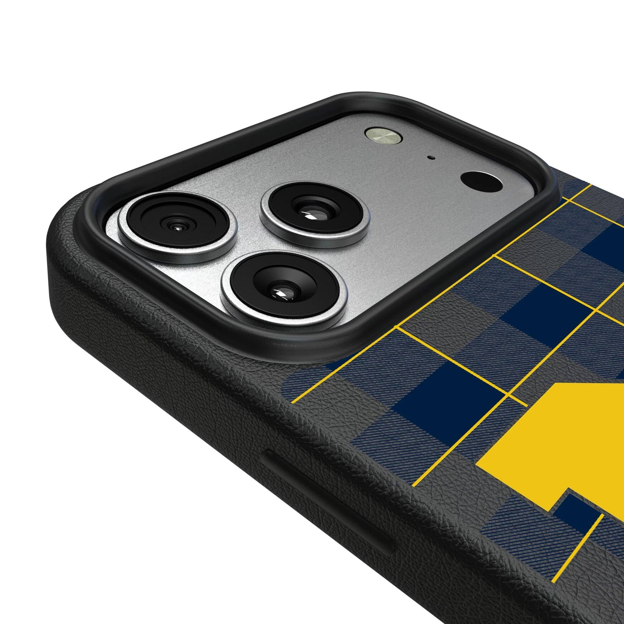 Alt View 2. Keyscaper - Michigan Wolverines Plaid Magnetic Bump iPhone Case - 15 Plus - Black.
