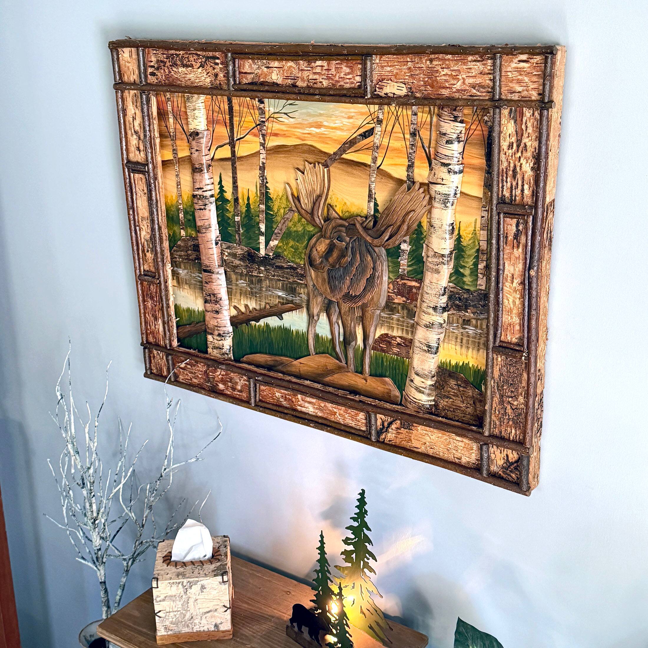 Alt View 4. Zeckos - Rustic Moose Birch Forest Wood Wall Sculpture 28.75x36.5 Brown Glossy - Brown.