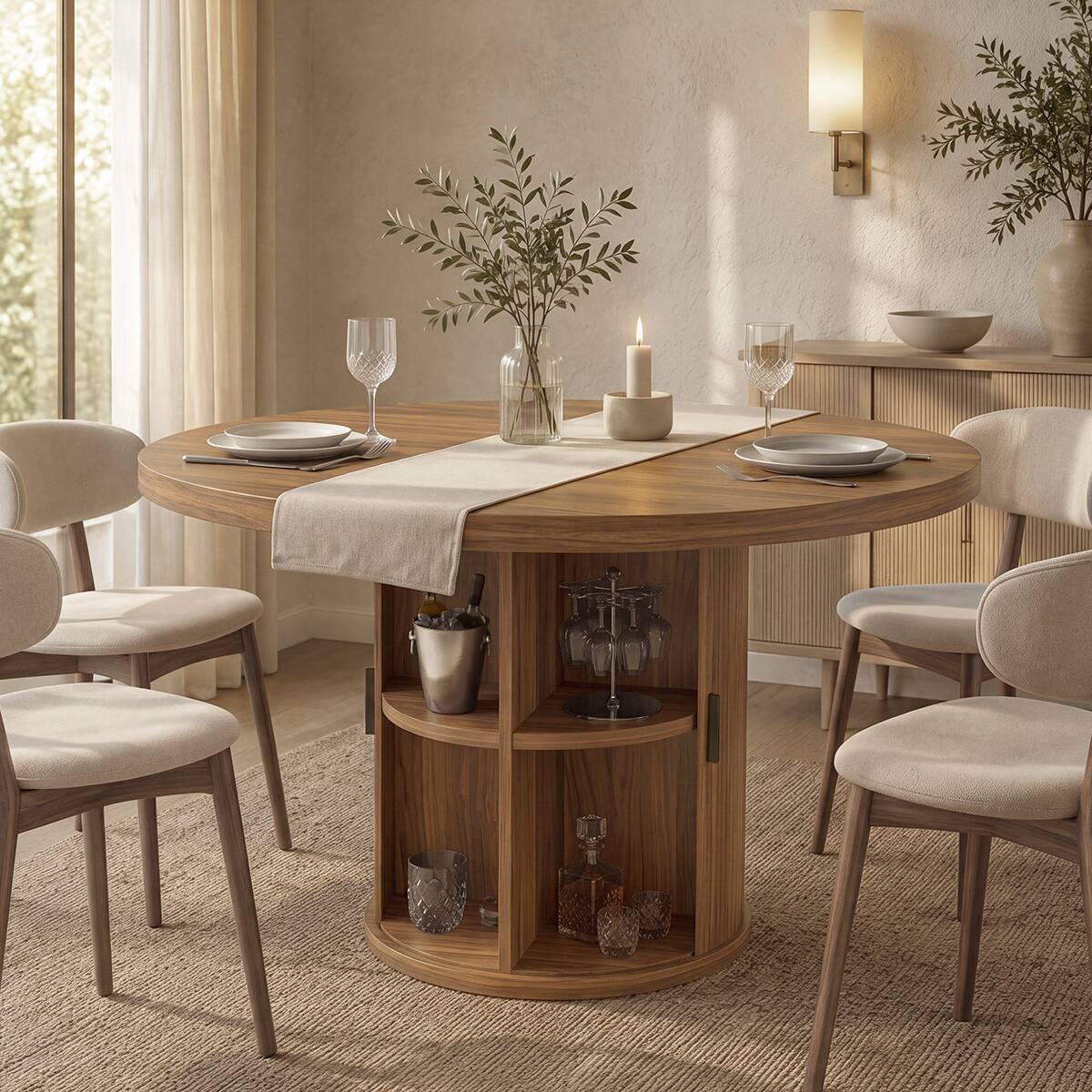Back. Dyonery - 35.5" Round Dining Table with Storage Shelf, Modern Fluted Kitchen Table for Small Space - Walnut.