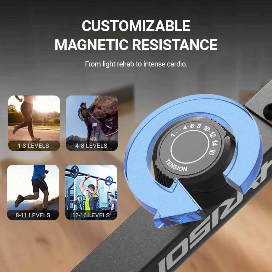 CUSTOMIZABLE MAGNETIC RESISTANCE  
From light rehab to intense cardio.  

1-3 LEVELS  
4-8 LEVELS  
8-11 LEVELS  
12-16 LEVELS  

TENSION