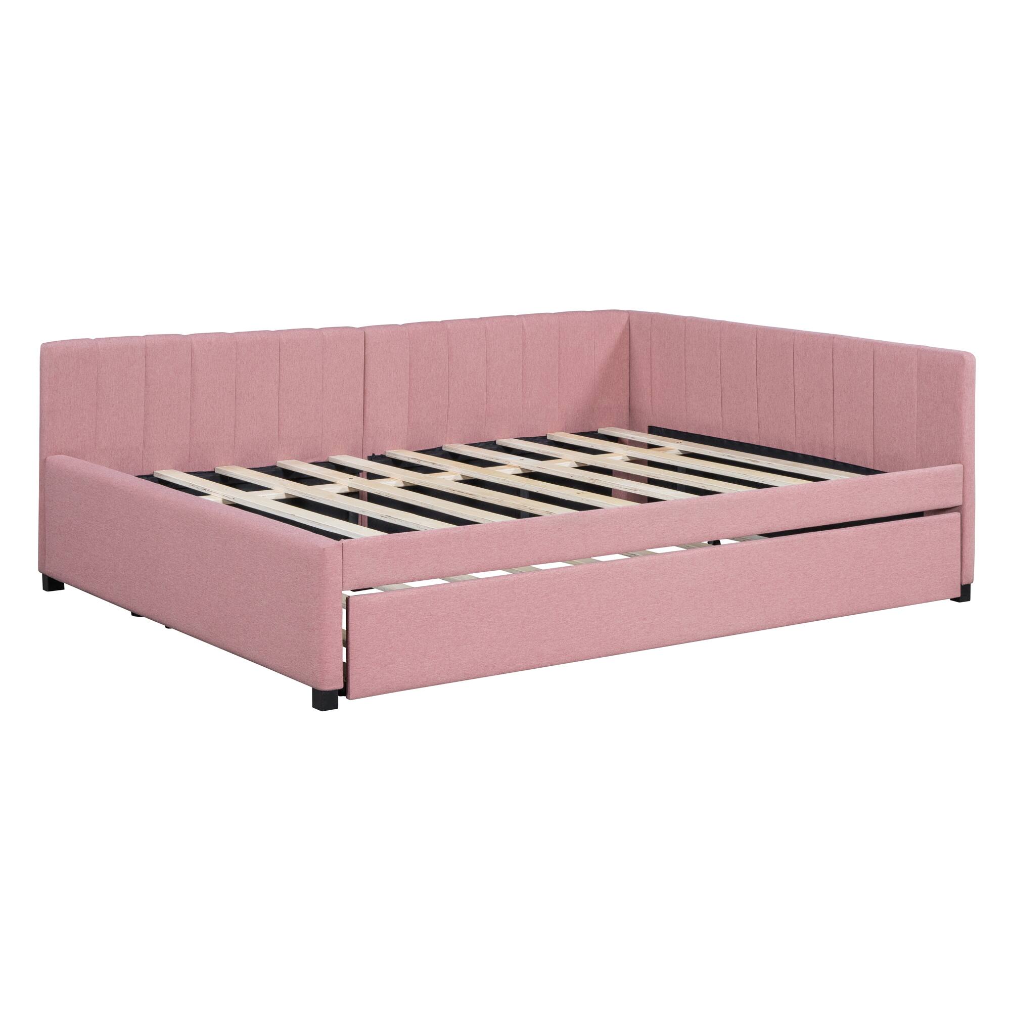 Alt View 4. Tiramisubest - Full Size Upholstered Daybed with Trundle Sofa Bed Frame No Box Spring Needed, Linen Fabric(Pink) - Pink.