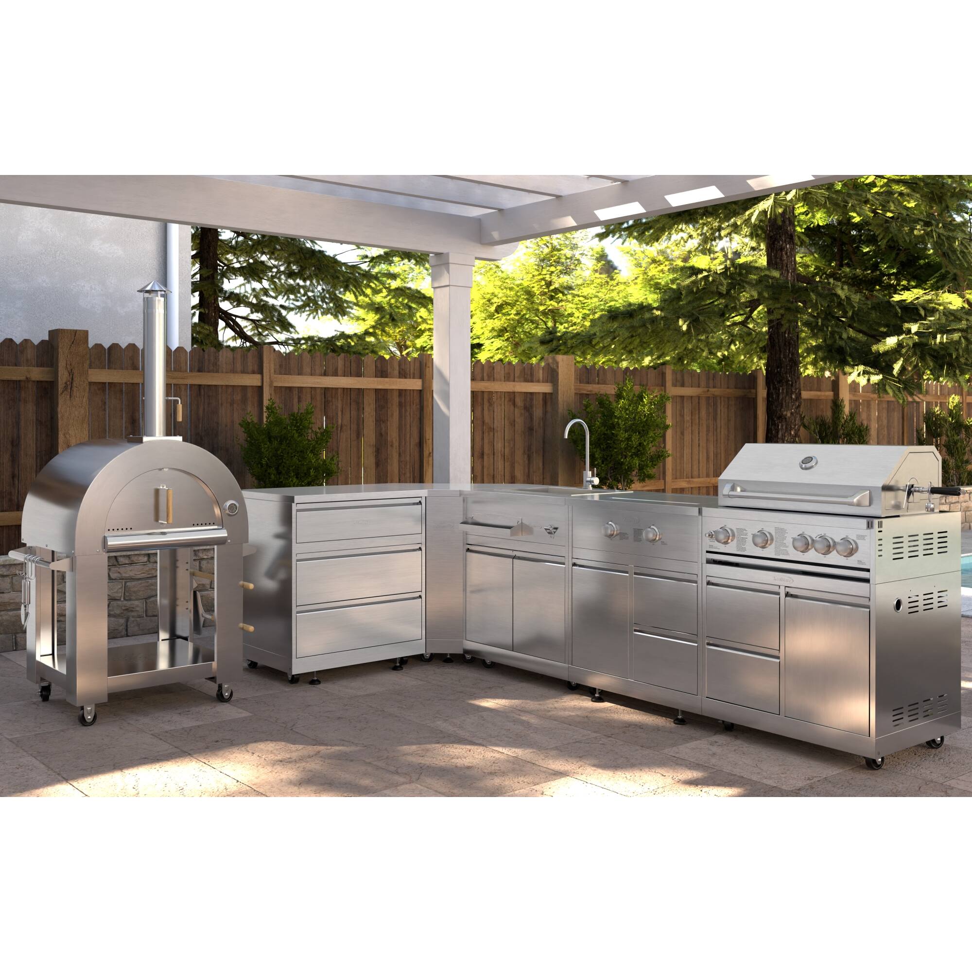 Left. Koolmore - Outdoor Kitchen with Wood fire Pizza Oven, 3 Drawer Cabinet, Corner Cabinet, Sink, Side Burner, 30 in. Grill and Cabinet - Stainless Steel.