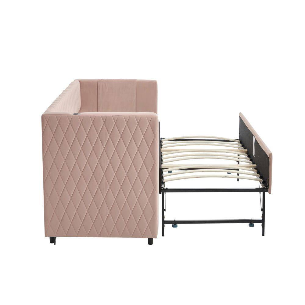 Alt View 9. Kadyn - Velvet Daybed with Sturdy Wood Frame, Modern Diamond Grid Pull-Out Design for Bedroom Living Room - Pink.