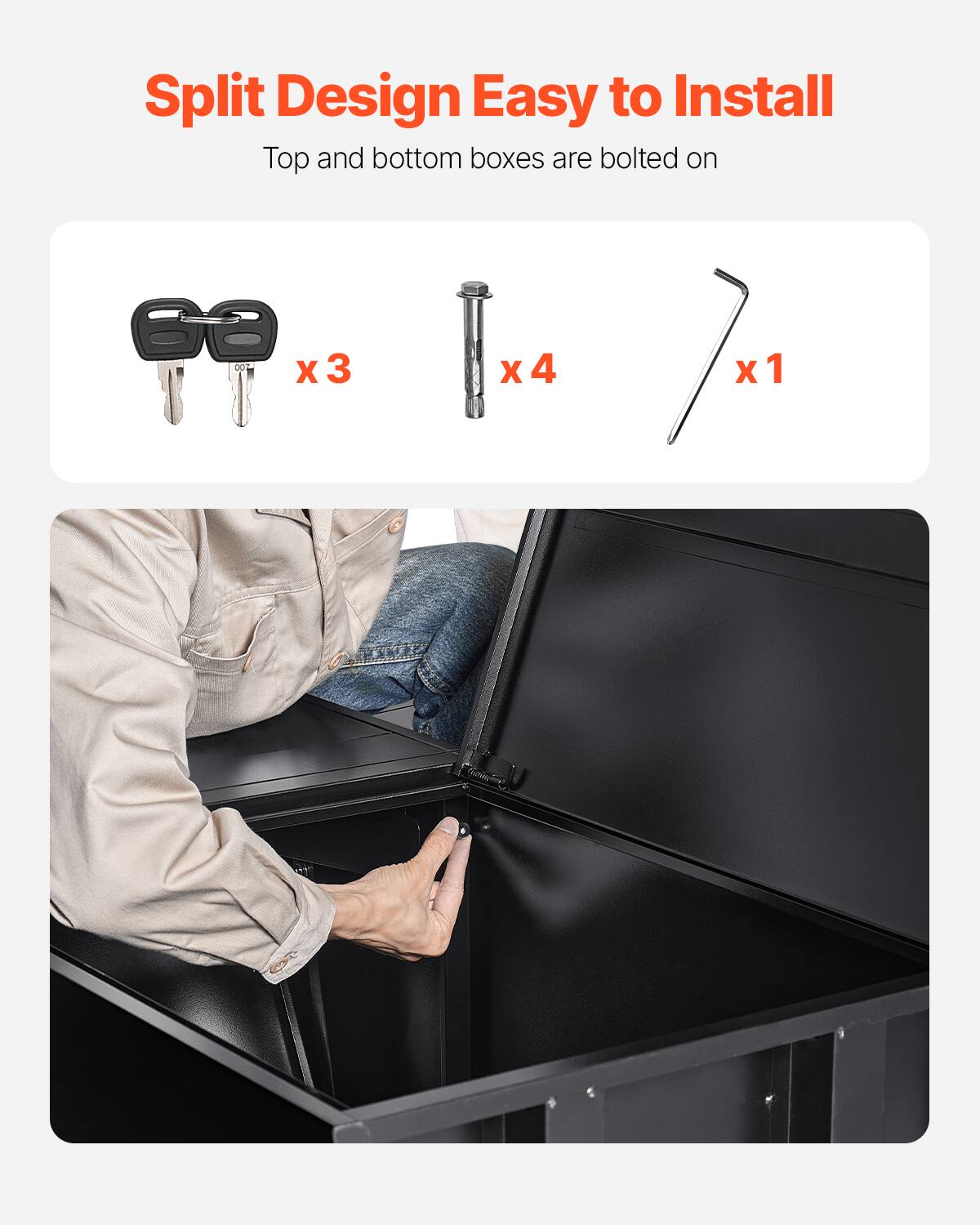 Split Design Easy to Install
Top and bottom boxes are bolted on
x3 x4 x1