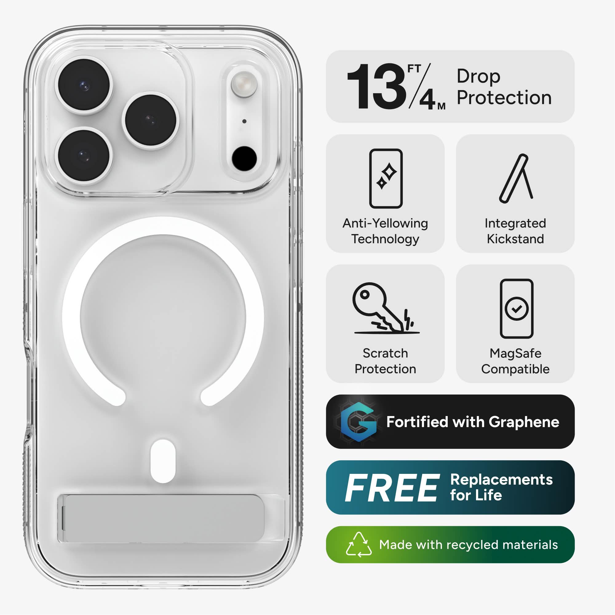 13 FT / 4 M Protection  
Anti-Yellowing Technology  
Integrated Kickstand  
Scratch Protection  
MagSafe Compatible  
Fortified with Graphene  
FREE Replacements for Life  
Made with recycled materials