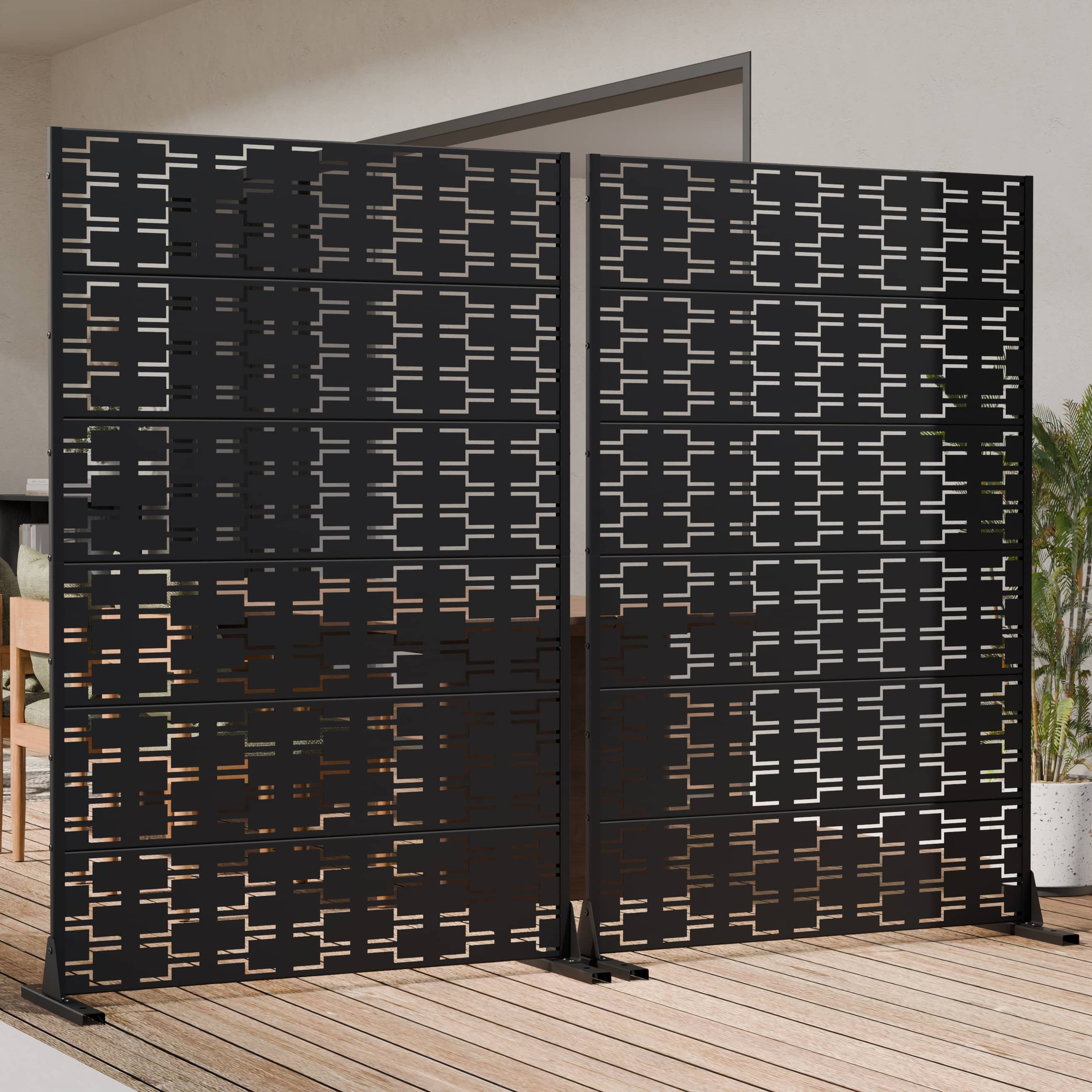 PexFix - Outdoor Privacy Screen 2-Panel Room Divider Metal Decorative Privacy Fence Freestanding & Weatherproof Cutout Screen - Black