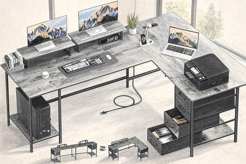 Front. Zell Electronics - 66" Grey L-Shaped Desk with Power Outlets, 4 Drawers & 2 Monitor Stands – Ideal for Two-Person Workspace - Grey.