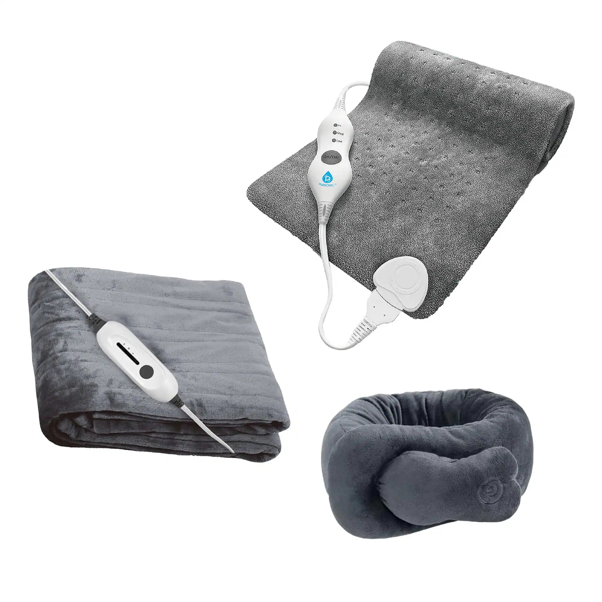 Front. Pursonic - Ultimate Cozy Comfort & Relaxation Bundle – Heated Blanket, Neck & Shoulder Heating Pad, and Massaging Wrap - Grey.