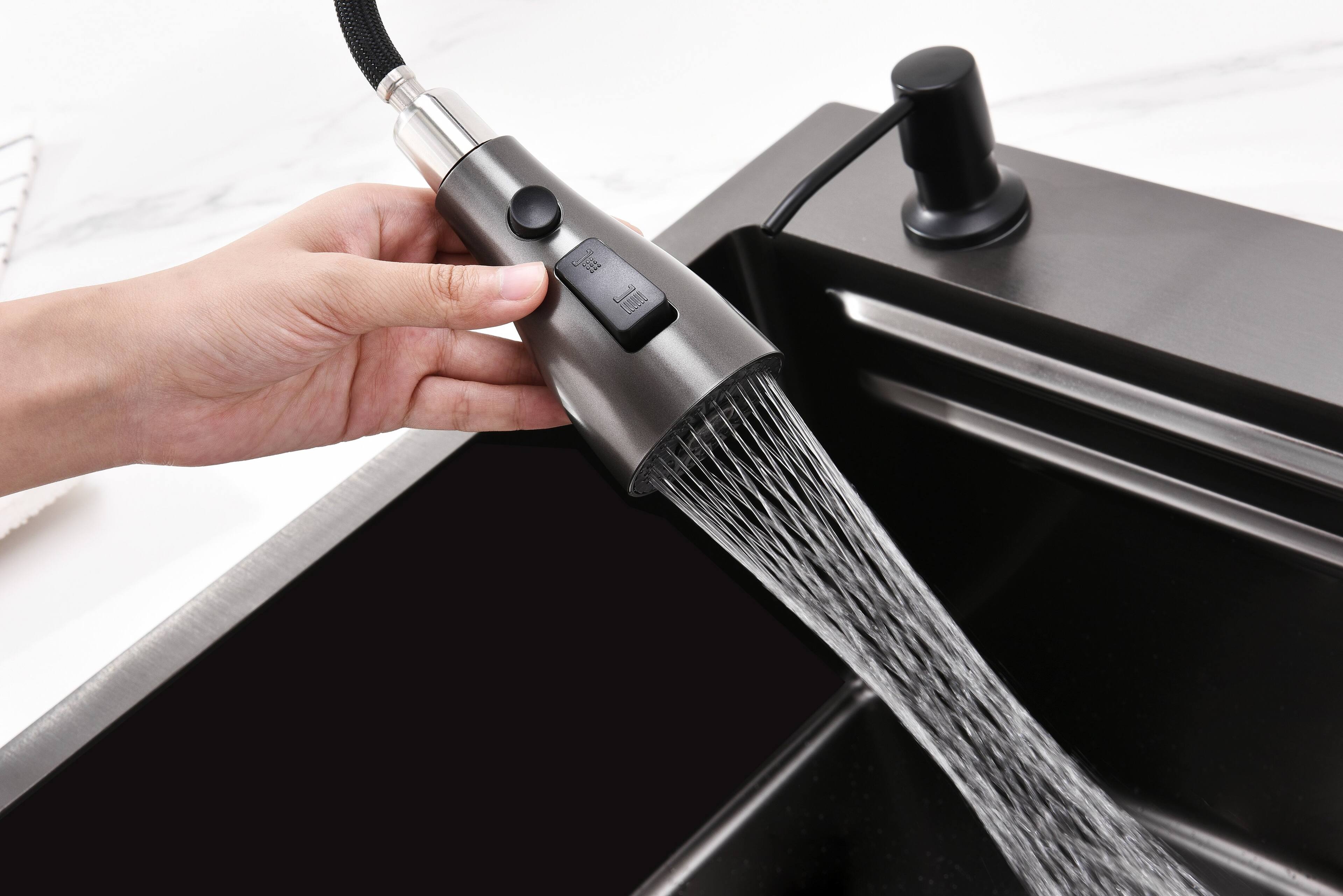 Alt View 9. Siljoy - Waterfall Kitchen Sink Stainless Steel Single Bowl Multifunctional Workstation with Flying-rain Faucet & Cutting Board - Black.