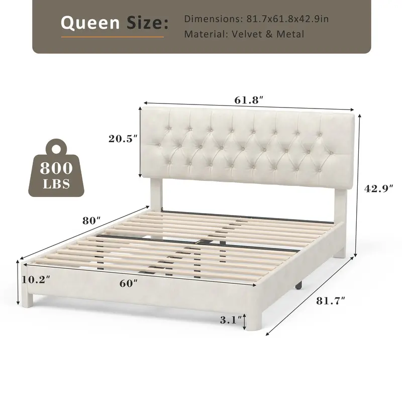 Queen Size:  
Dimensions: 81.7x61.8x42.9in  
Material: Velvet & Metal  

800 LBS  

61.8"  
20.5"  
80"  
42.9"  
60"  
10.2"  
81.7"  
3.1"