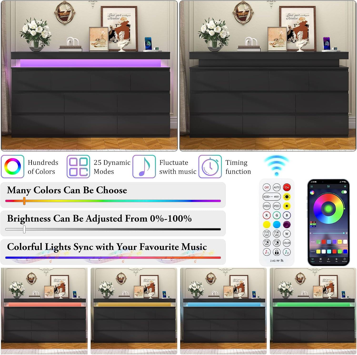 - Hundreds of Colors
- 25 Dynamic Modes
- Fluctuate with music
- Timing function
- Many Colors Can Be Choose
- Brightness Can Be Adjusted From 0%-100%
- Colorful Lights Sync with Your Favourite Music
- 2.4G