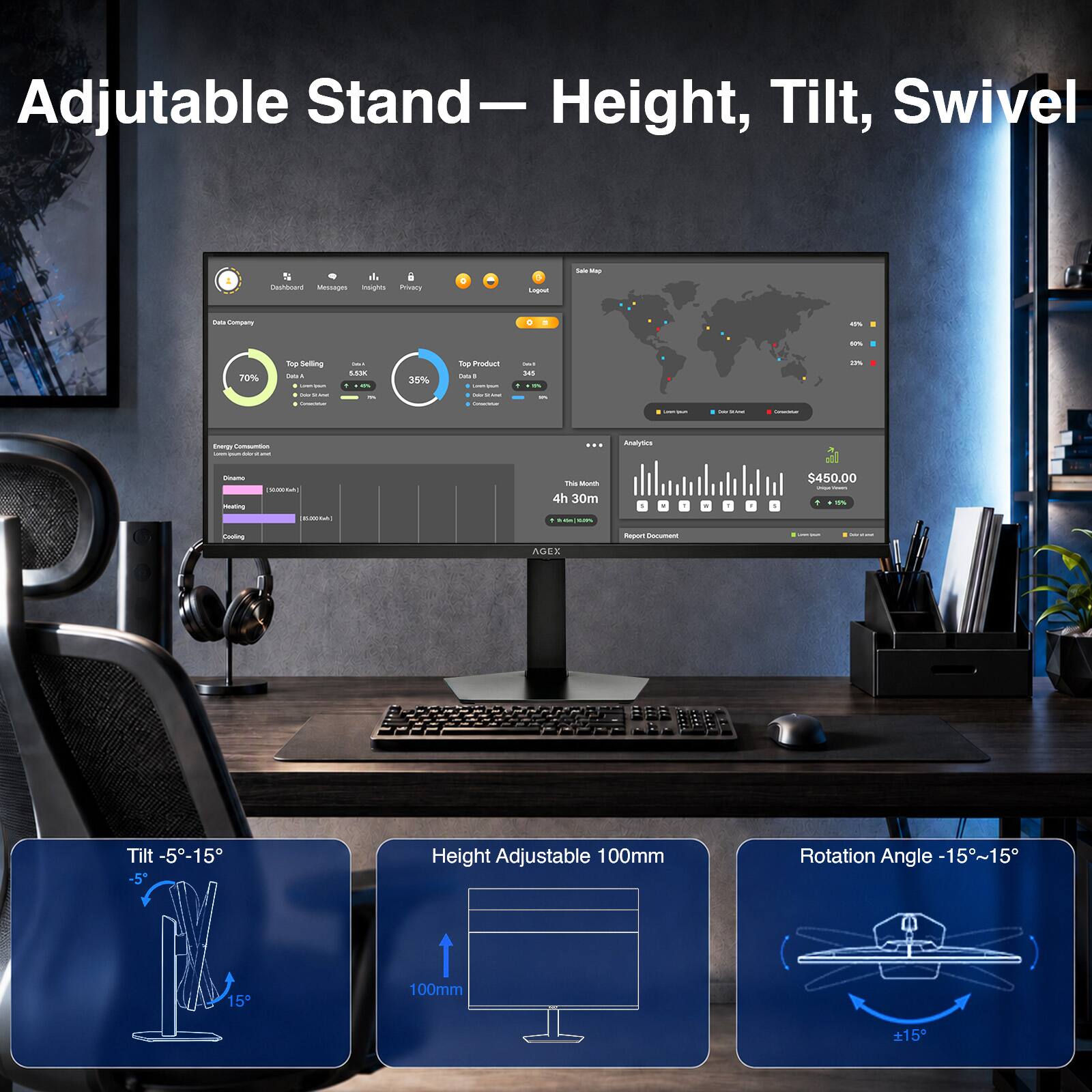 Adjustable Stand – Height, Tilt, Swivel

- Tilt: -5° to 15°
- Height Adjustable: 100mm
- Rotation Angle: -15° to 15°