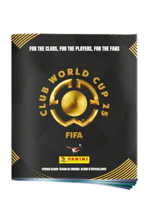 The text on the image reads: "For the clubs, for the players, for the fans World Club World Cup. World Cup. Coupe du Monde. Club Clubes de Dumonde. Bundiald Nil des 25. TM FIFA Panini Sticker Album-LBUM DE CROMOS-ALBUM D'AUTOCOLLANTS."