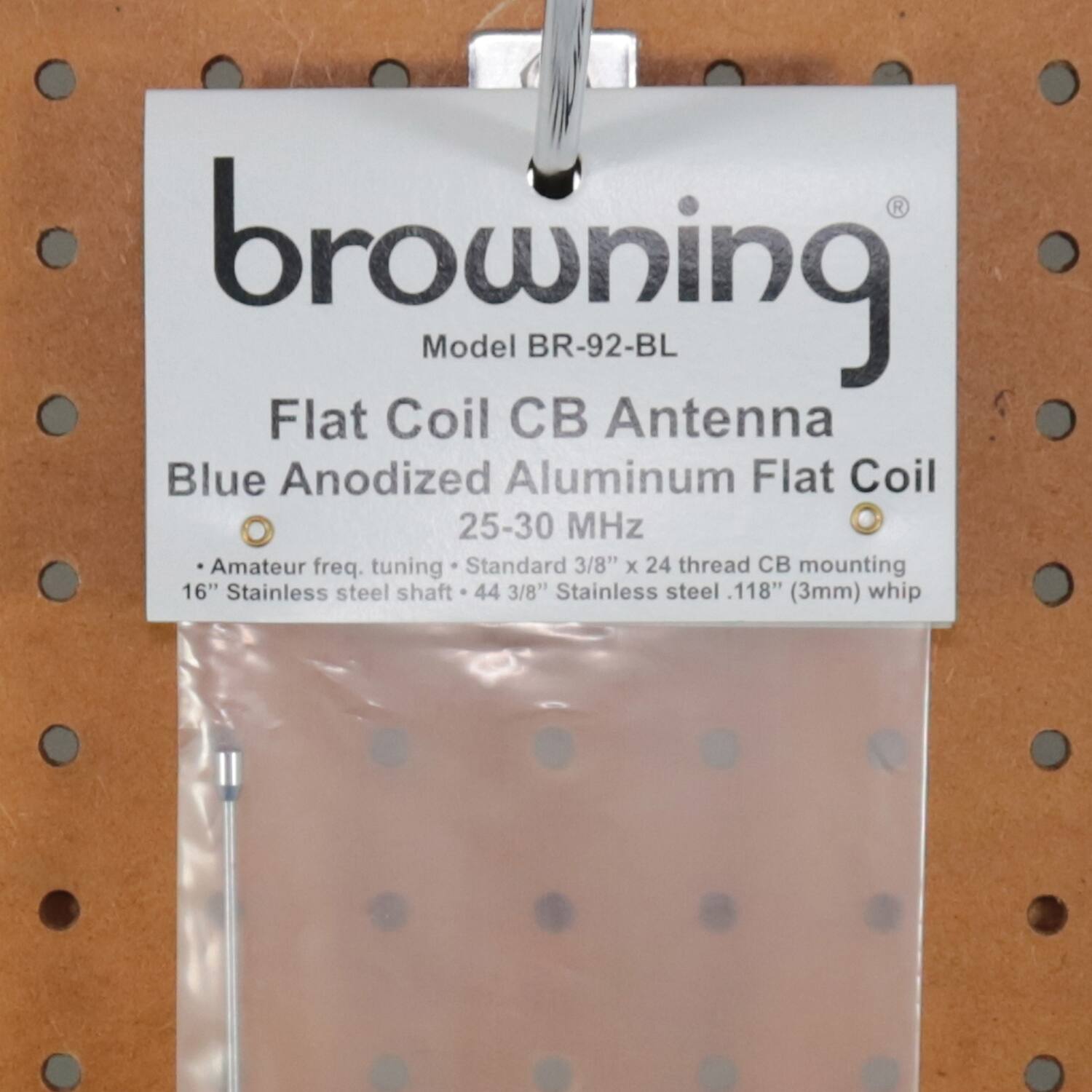 browning  
Model BR-92-BL  

Flat Coil CB Antenna  
Blue Anodized Aluminum Flat Coil  
25-30 MHz  

- Amateur freq. tuning  
- Standard 3/8" x 24 thread CB mounting  
- 16" Stainless steel shaft  
- 44 3/8" Stainless steel .118" (3mm) whip
