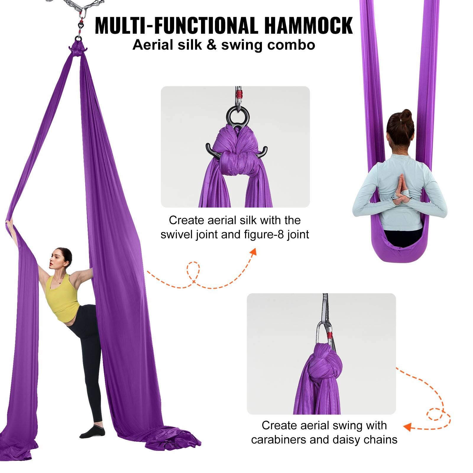 MULTI-FUNCTIONAL HAMMOCK  
Aerial silk & swing combo  

Create aerial silk with the swivel joint and figure-8 joint  

Create aerial swing with carabiners and daisy chains