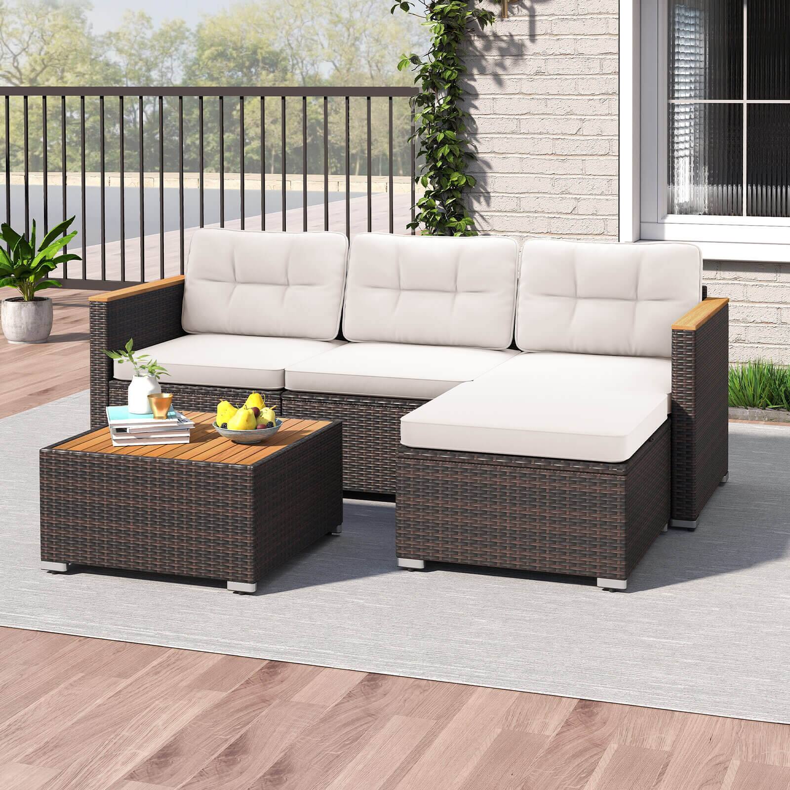 Alt View 3. Costway - Costway 5 Piece Wicker Conversation Set Patio Rattan Chair & Coffee Table Set for Porch - Off White.