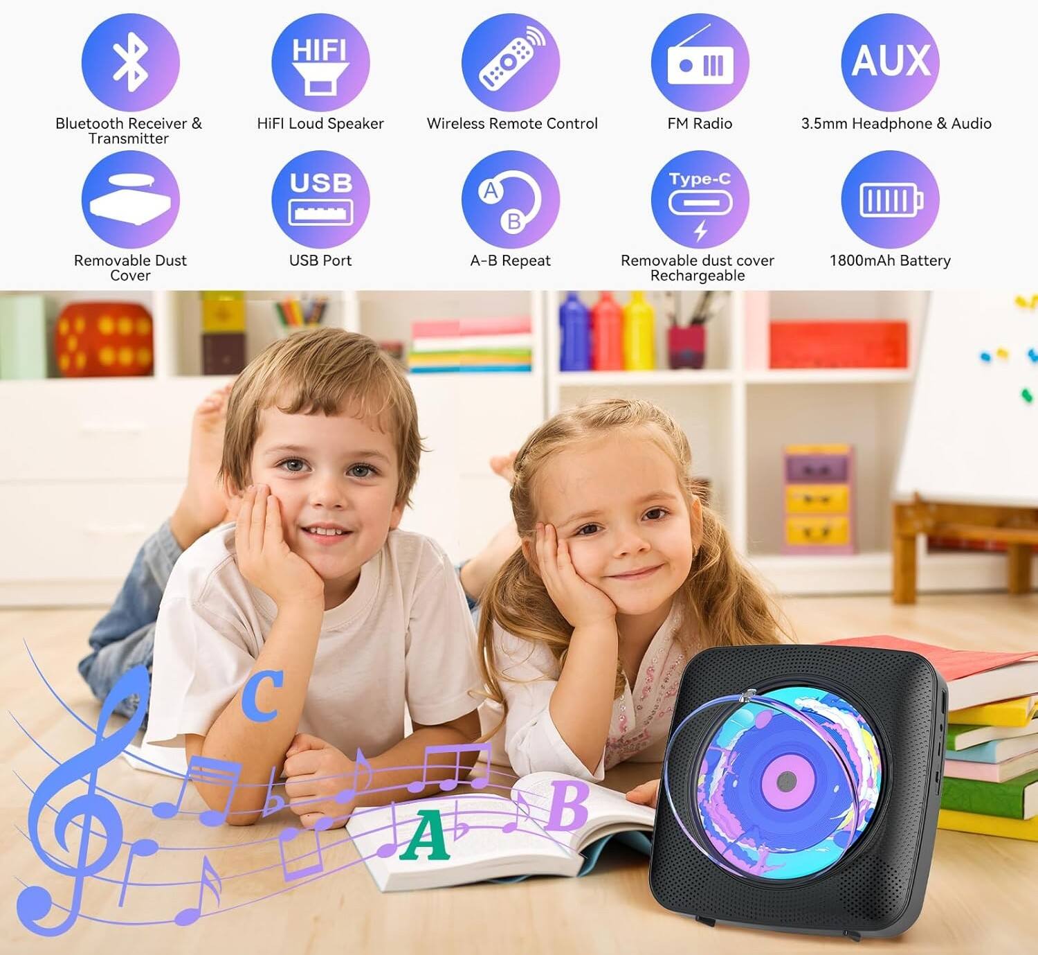 HIFI AUX Bluetooth Receiver & Transmitter  
HiFI Loud Speaker  
Wireless Remote Control  
FM Radio  
3.5mm Headphone & Audio  
USB A-B  
Type-C  
Removable Dust Cover  
USB Port  
A-B Repeat  
Removable dust cover  
Rechargeable 1800mAh Battery