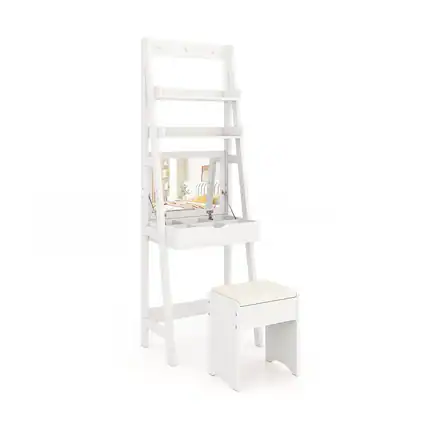 Front. WELLFOR - Ladder Vanity Desk Set with Flip‑Top Hidden Mirror, 2‑Tier Open Shelves, 3 Hooks and Cushioned Stool for Small Bedroom - White.