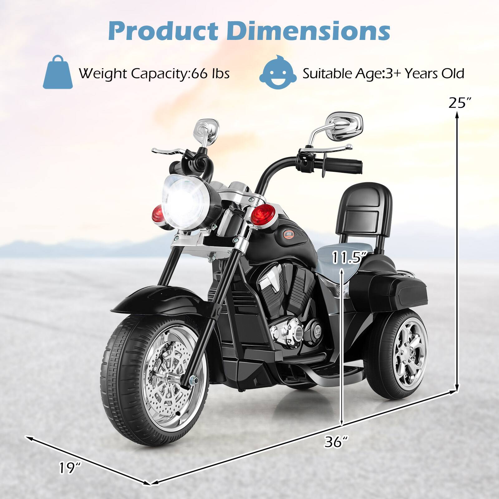 Product Dimensions  
Weight Capacity: 66 lbs  
Suitable Age: 3+ Years Old  
25" x 11.5" x 36" x 19"