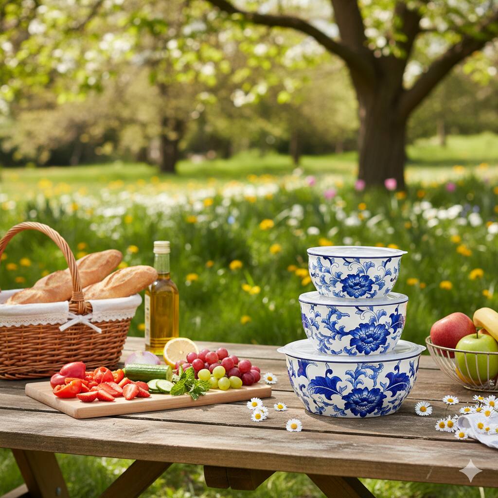 Back. Euro Ceramica Home - Blue Garden Chinoiserie “Hold Everything” 3-Piece Round Stoneware Storage Bowls Set - Blue / White.