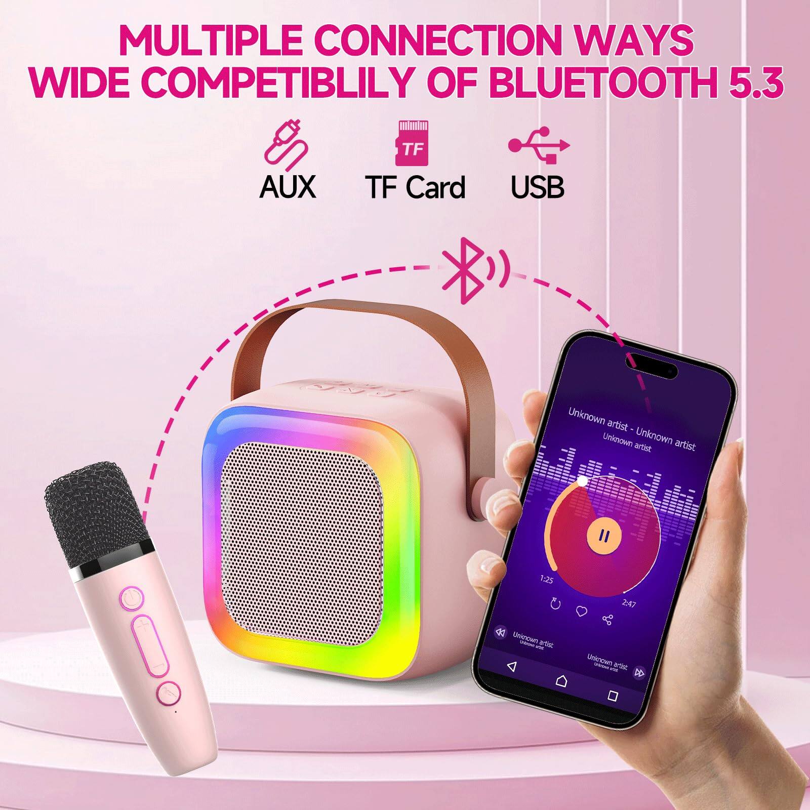 MULTIPLE CONNECTION WAYS  
WIDE COMPETIBILITY OF BLUETOOTH 5.3  

AUX  
TF Card  
USB  

Unknown artist - Unknown artist  
1:25 / 2:47