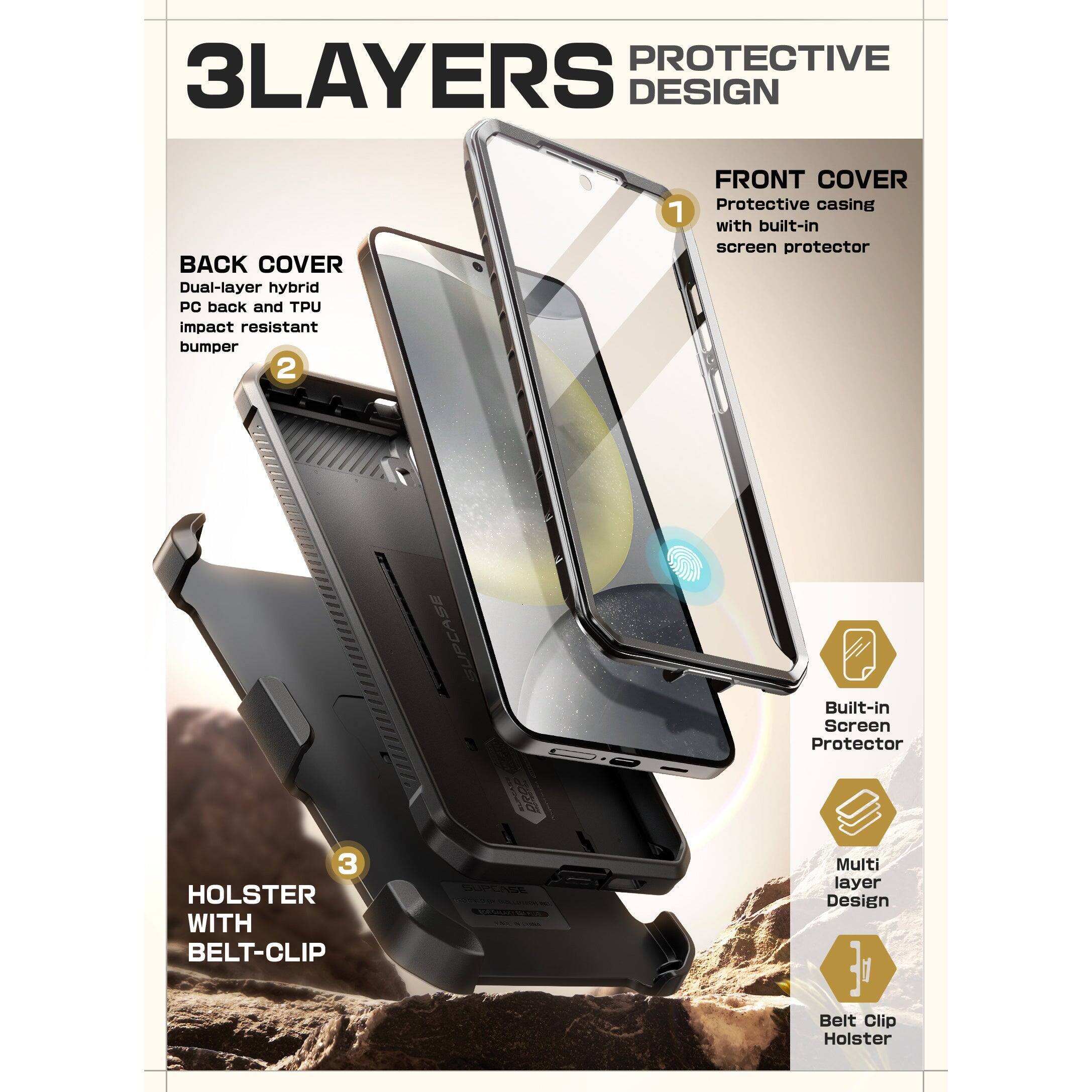 **3LAYERS PROTECTIVE DESIGN**

**BACK COVER**
Dual-layer hybrid PC back and TPU impact resistant bumper

**FRONT COVER**
Protective casing with built-in screen protector

**HOLSTER WITH BELT-CLIP**

- Built-in Screen Protector
- Multi layer Design
- Belt Clip Holster