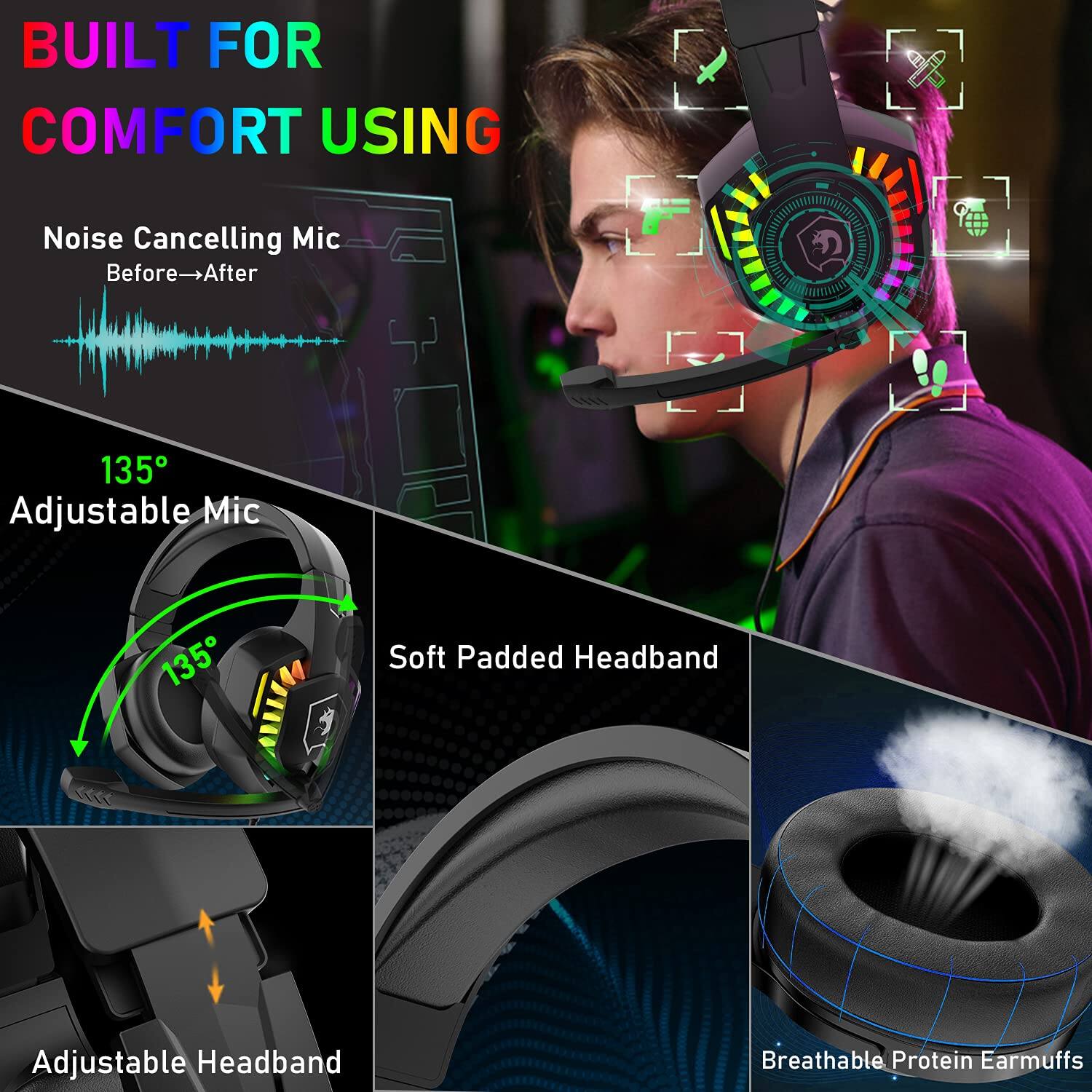 BUILT FOR COMFORT USING

- Noise Cancelling Mic
  - Before → After

- 135° Adjustable Mic

- Soft Padded Headband

- Adjustable Headband

- Breathable Protein Earmuffs