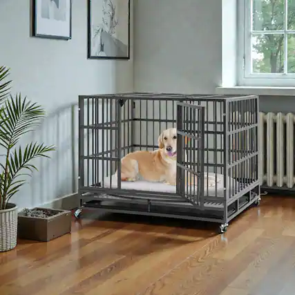 Front. Hivvago - Lockable Wheeled Metal Dog Crate with Foldable Feature and Tray - 48 Inches.