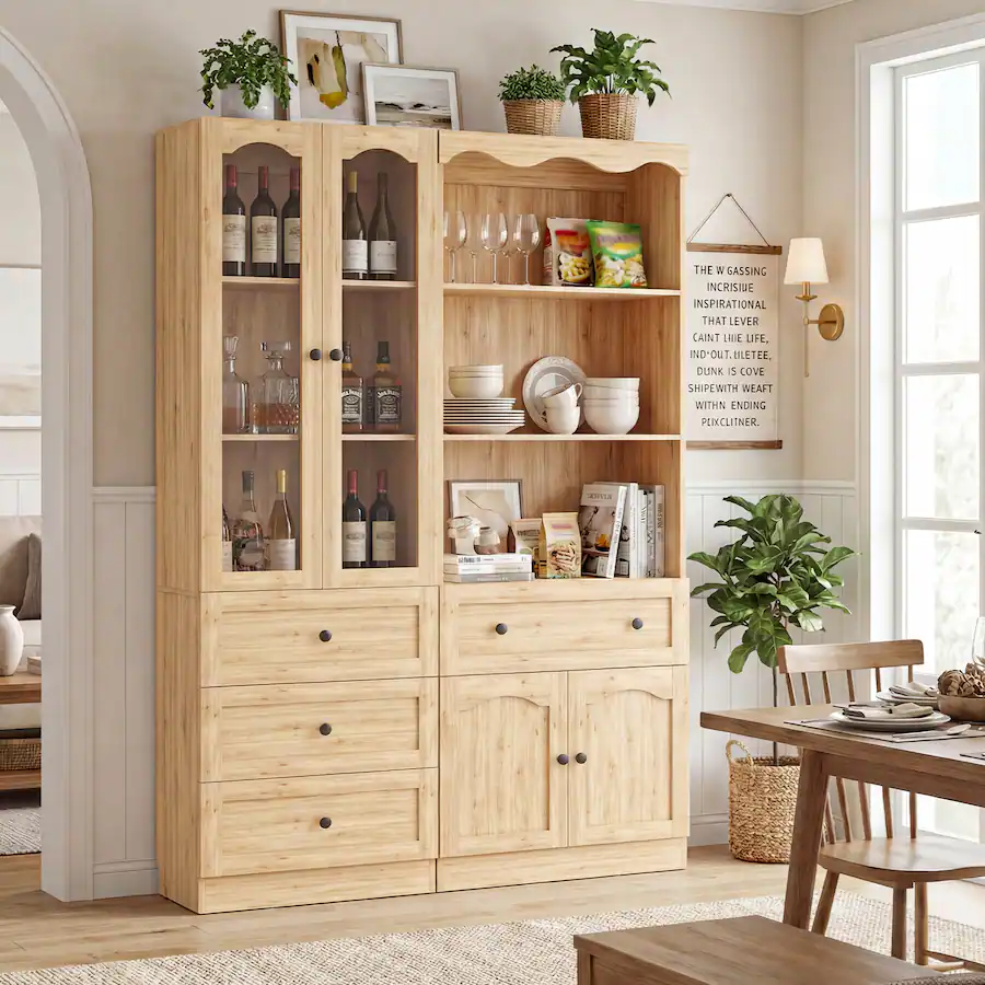 Aheaplus 51.1'' Wide Pantry Cabinet 2 Piece Set with 4 Drawers, Glass ...