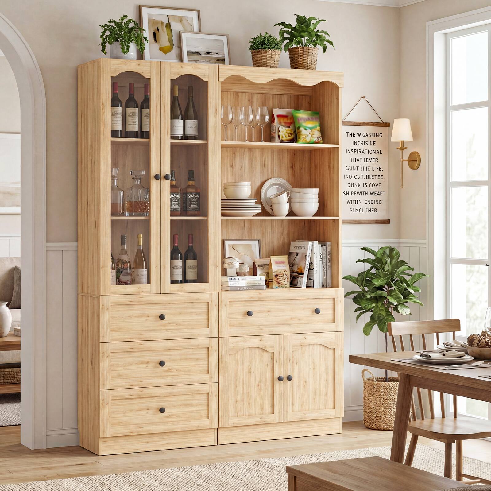 Aheaplus 51.1'' Wide Pantry Cabinet 2 Piece Set with 4 Drawers, Glass ...