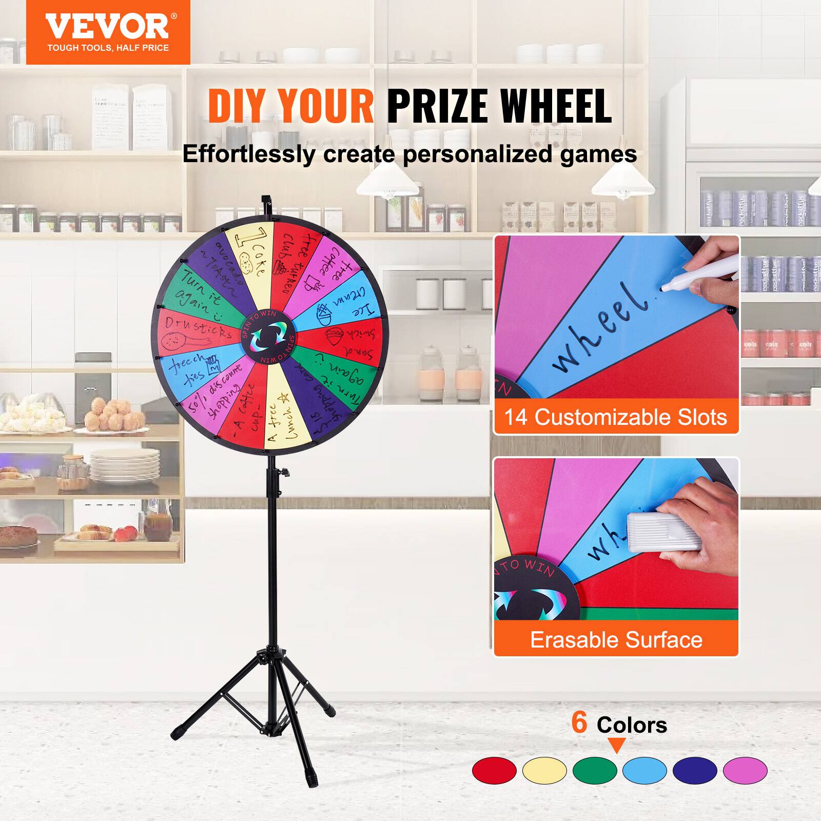 VEVOR TOUGH TOOLS. HALF PRICE

DIY YOUR PRIZE WHEEL

Effortlessly create personalized games

14 Customizable Slots

Erasable Surface

6 Colors