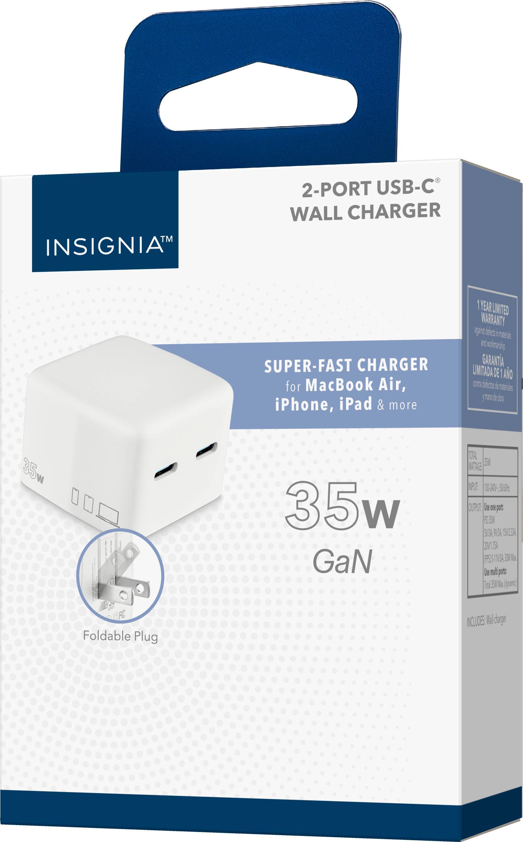 Insignia 2-Port USB-C Wall Charger Super-Fast Charger for MacBook Air, iPhone, iPad & more. 35W 3.5W USB-C PD & USB-A Ports. 1 Year Limited Warranty.