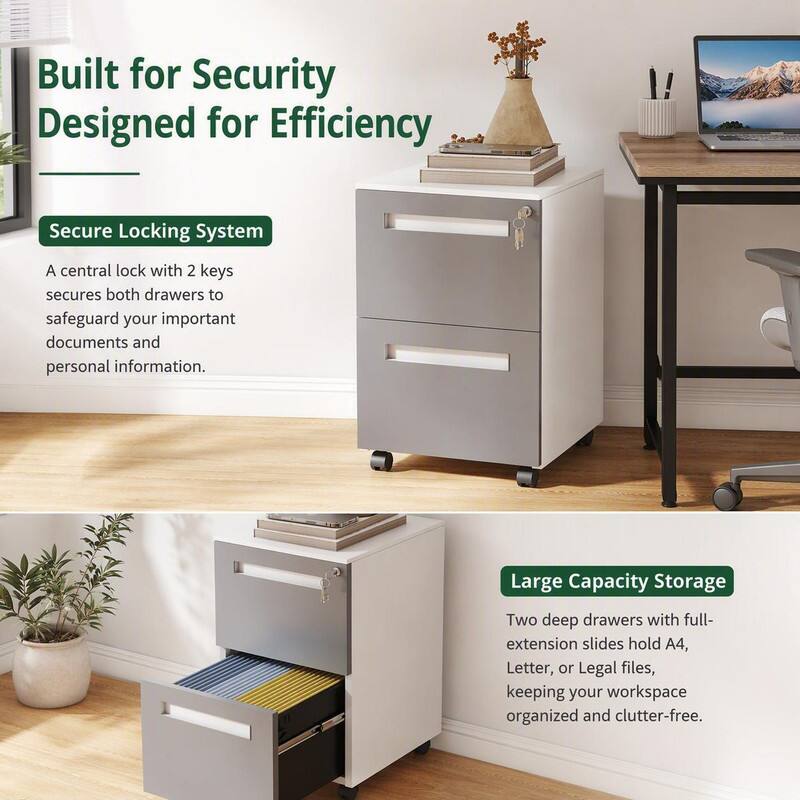Built for Security  
Designed for Efficiency

Secure Locking System  
A central lock with 2 keys secures both drawers to safeguard your important documents and personal information.

Large Capacity Storage  
Two deep drawers with full-extension slides hold A4, Letter, or Legal files, keeping your workspace organized and clutter-free.