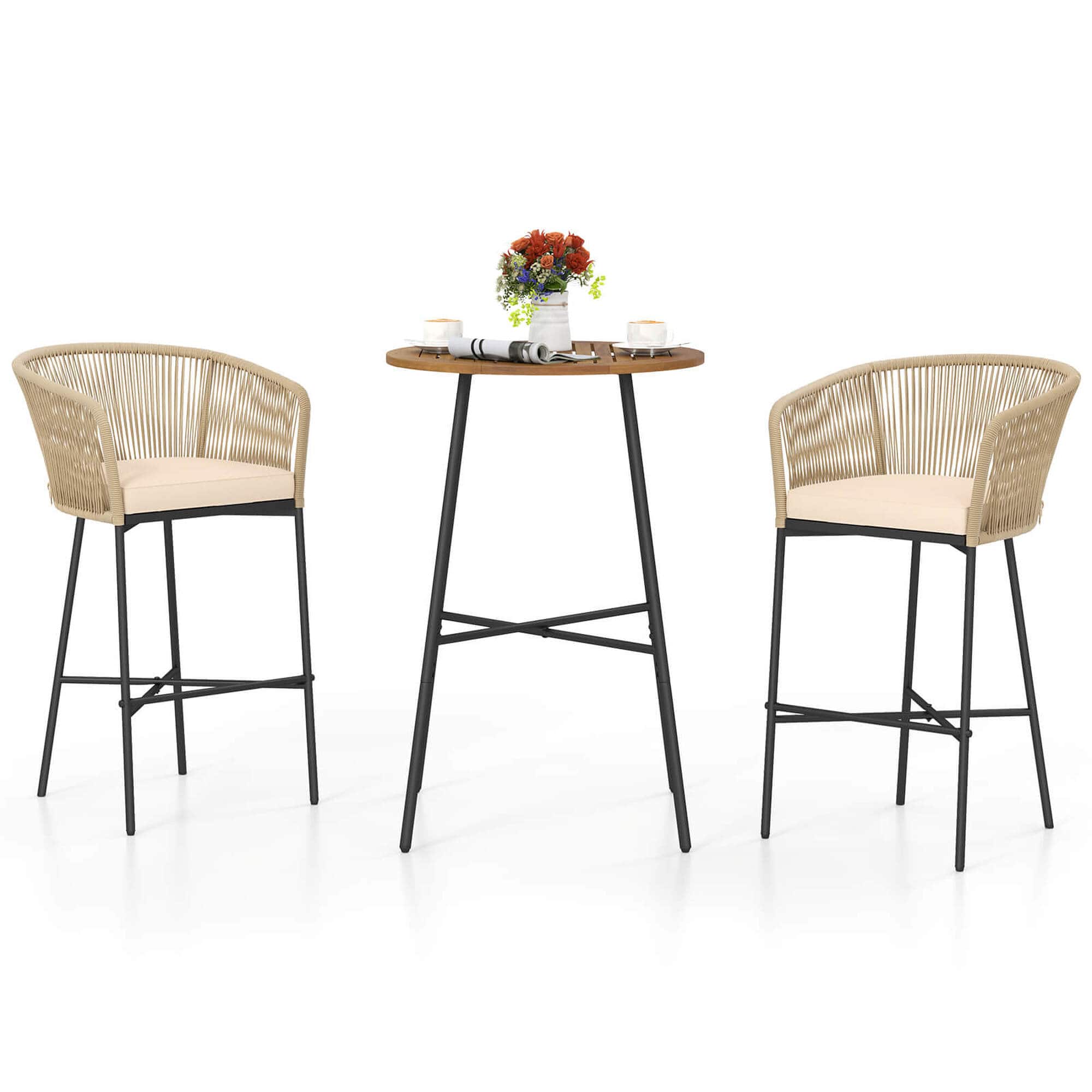 Costway - 3 PCS Rope Woven Patio Bar Set with Soft Cushions and Acacia Wood Tabletop - Beige + Khaki price history on PriceWatchPro