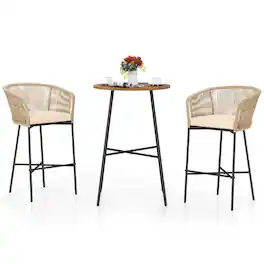 Costway - 3 PCS Rope Woven Patio Bar Set with Soft Cushions and Acacia Wood Tabletop - Beige + Khaki