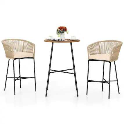 Front. Costway - Costway 3 PCS Rope Woven Patio Bar Set with Soft Cushions and Acacia Wood Tabletop - Beige + Khaki.