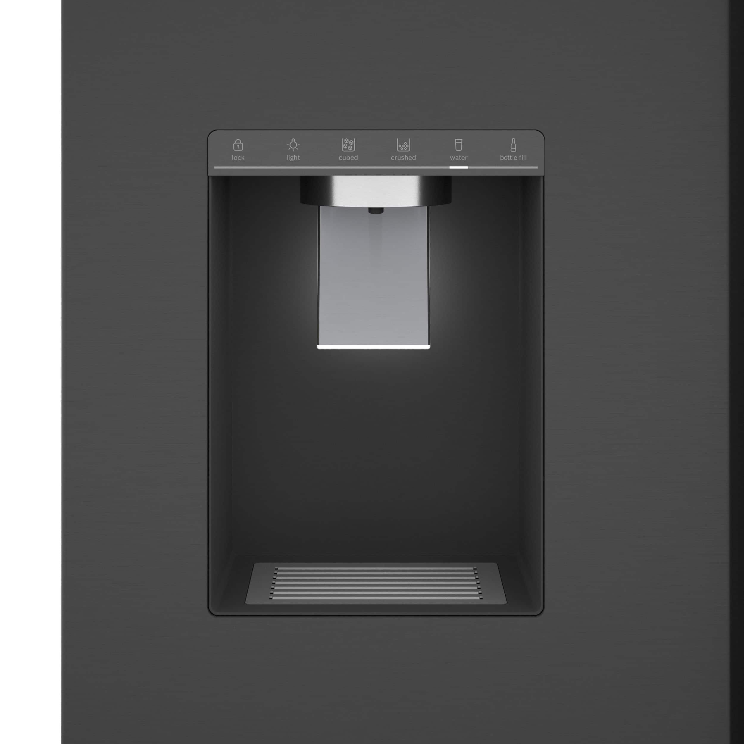 The image shows a black appliance with a clear glass door, which is a water dispenser. The appliance has a light on inside, indicating that it is ready to dispense water. The dispenser is designed to crush ice and dispense water in cubed form. The appliance is made by the company Dottee.