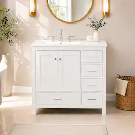 JUJABU - 36" Bathroom Vanity with Ceramic Sink, 2 Soft-close Doors and 5 Drawers - White