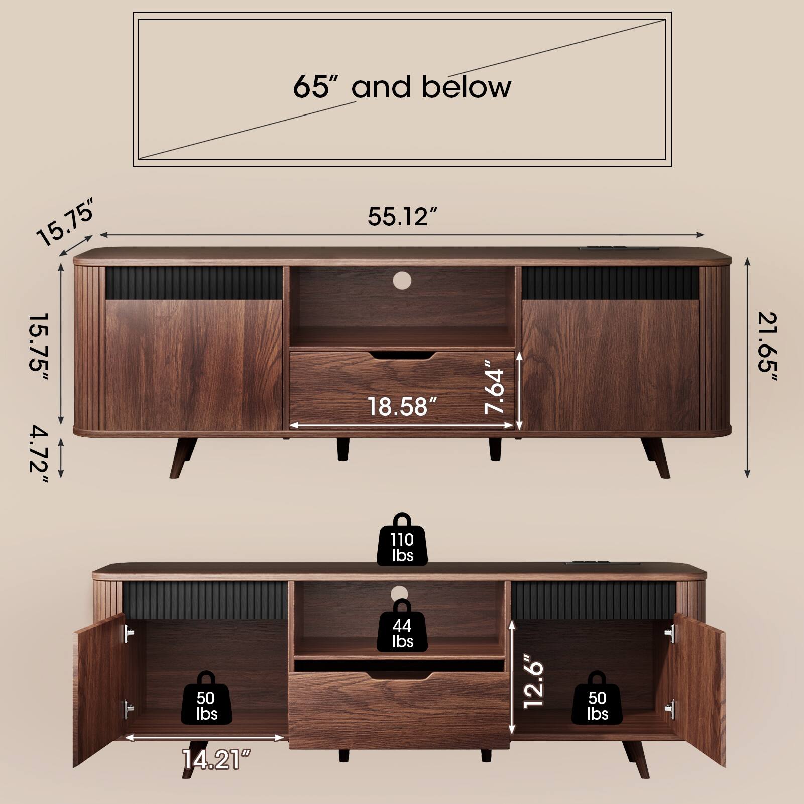 65" and below

15.75"  
55.12"  
15.75"  
4.72"  
18.58"  
7.64"  
21.65"  
110 lbs  
50 lbs  
44 lbs  
12.6"  
50 lbs  
14.21"