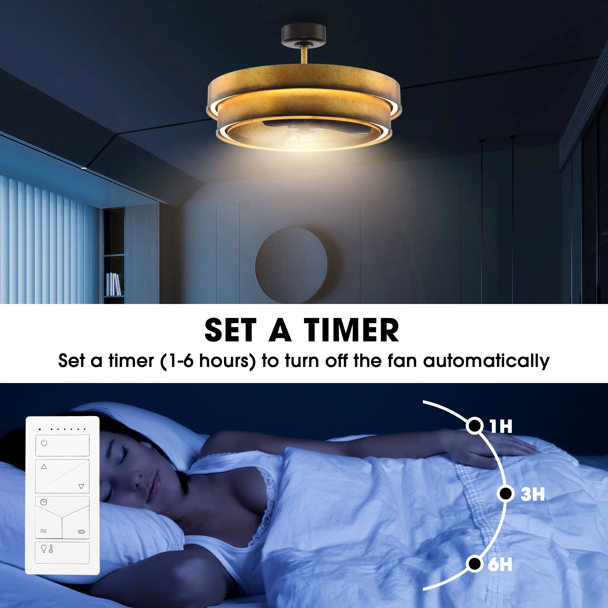 SET A TIMER  
Set a timer (1-6 hours) to turn off the fan automatically  

1H  
3H  
6H