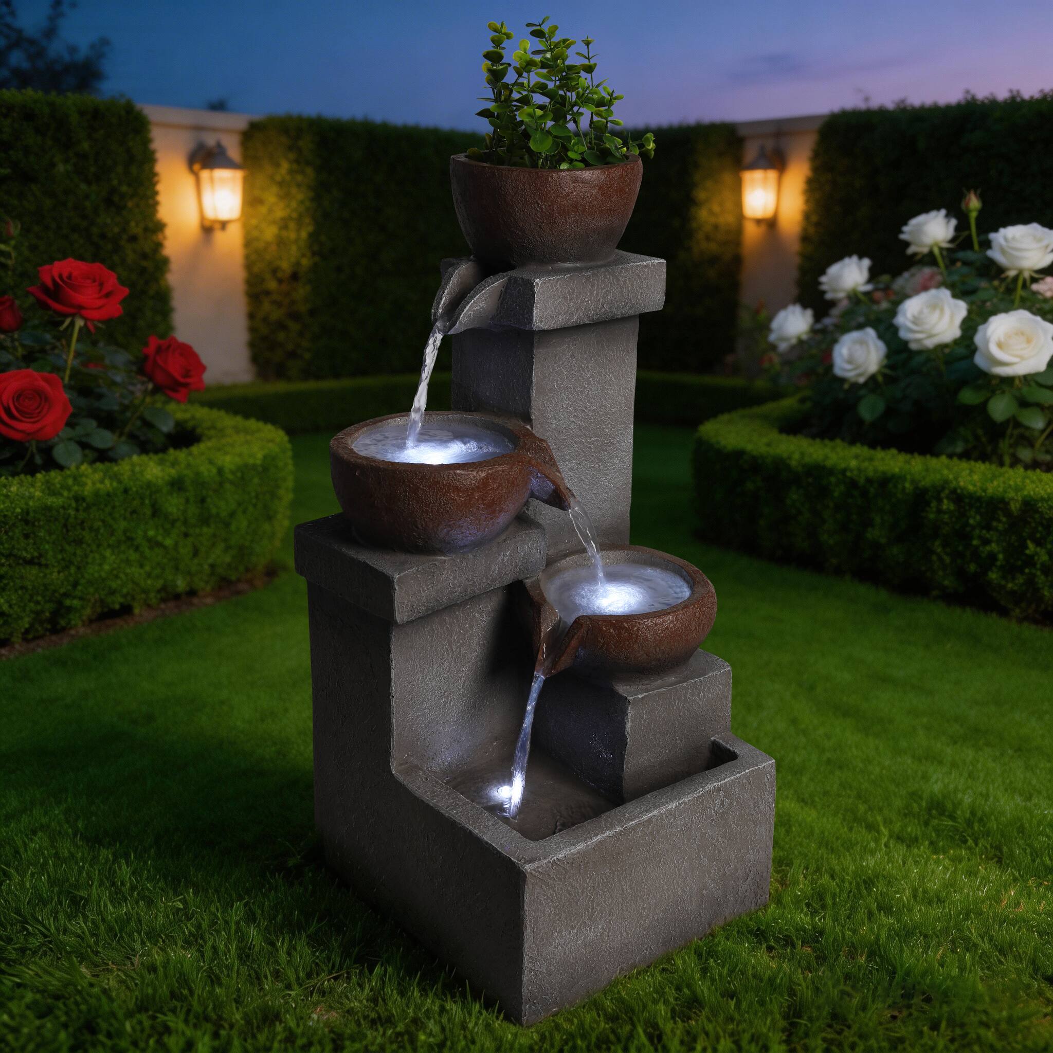 Angle. Anysun - Outdoor Water Fountain – Tiered Cascading Jar Waterfall, Resin Garden Patio Decor with LED Lights - Gray.