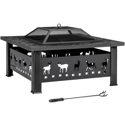 Front. Winado - 32in Metal Fire Pit Stove, 3-in-1 Square Wood Burning Firepit Table with Cover for Outdoor Camping Garden Party Picnic - Black-Elk Pattern.