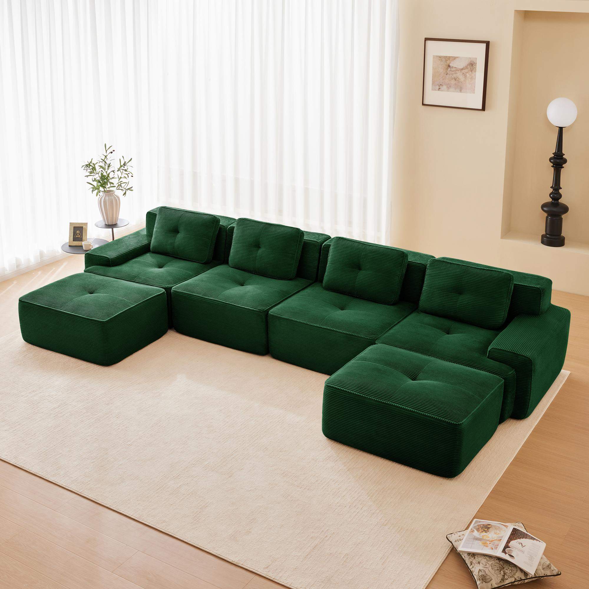 Angle. Roomtec - 153 inch Modern UShaped Modular Sectional Sofa for Living Room Corduroy Fabric4Seater Couch with Deep Seat and 2Movable - Green.