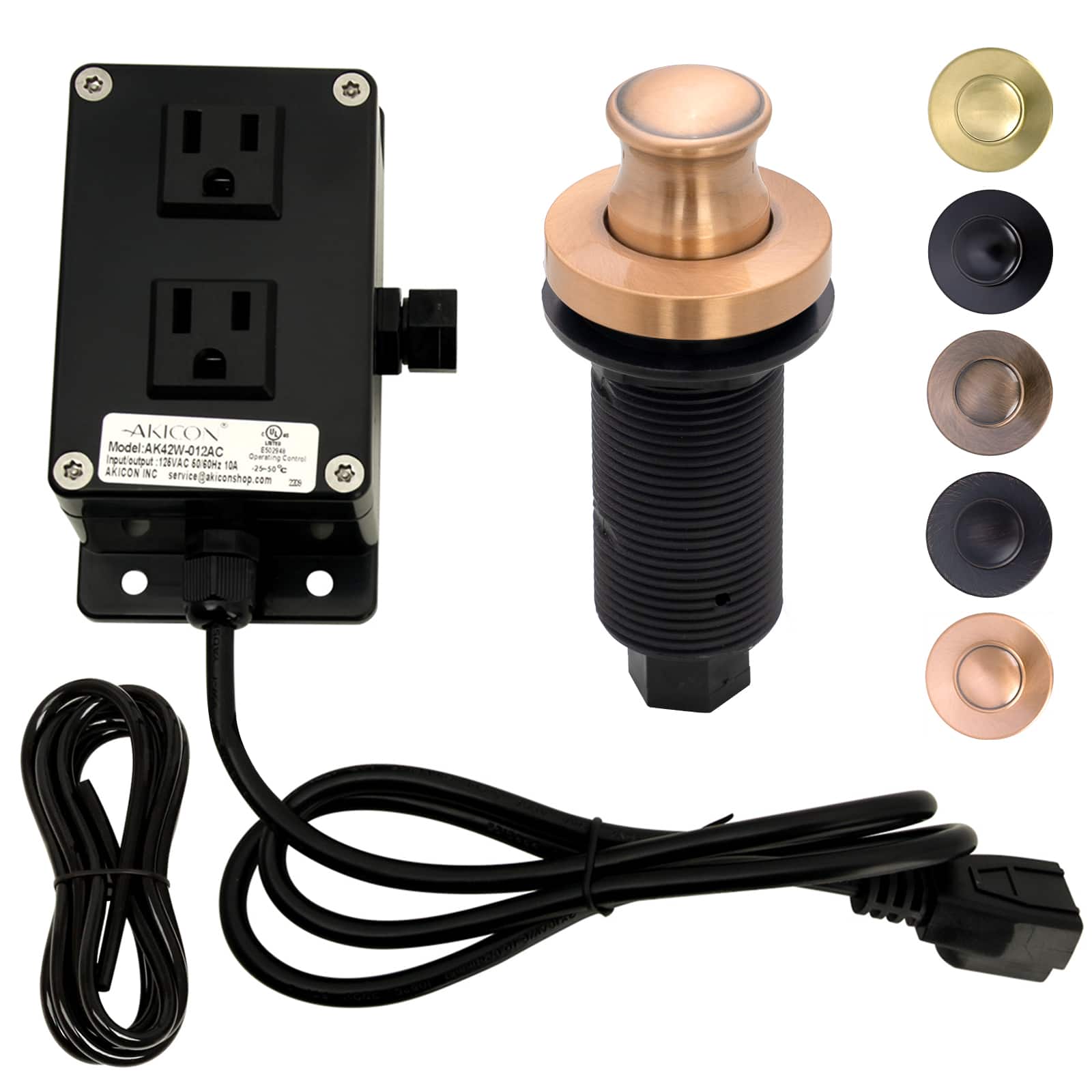 Akicon - Brass Garbage Disposal Air Switch Kit with Dual Outlet Sink Top On/Off Push Button - Copper