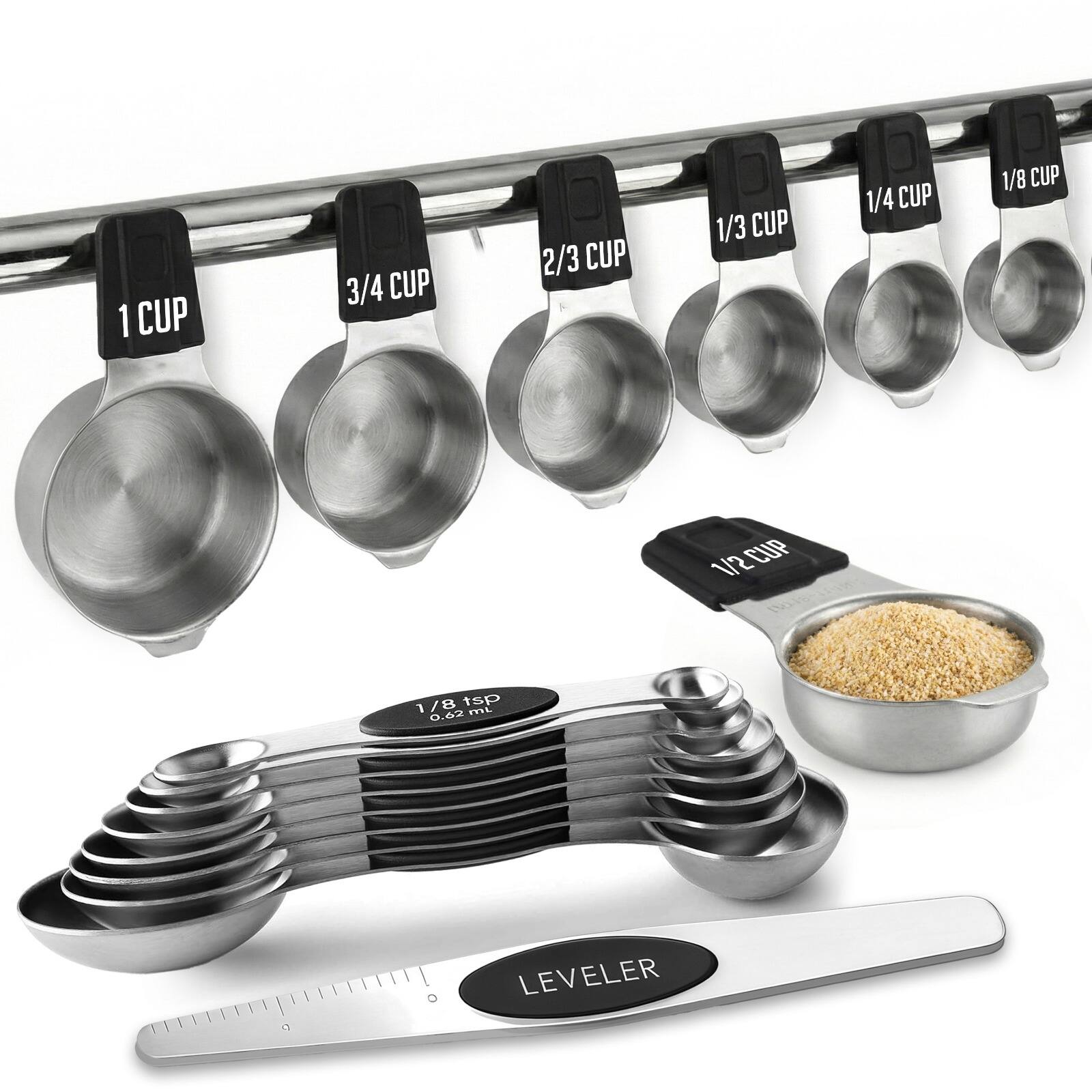 Luminuxe - Magnetic Measuring Cups and Spoons Set, Stainless Steel with Dual-Sided N40 Magnetic Tool